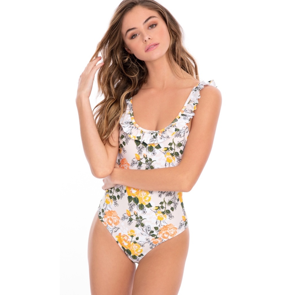 Cabana Del Sol Beautiful Floral Ruffle Trim Scoop One-Piece Swimsuit NWOT